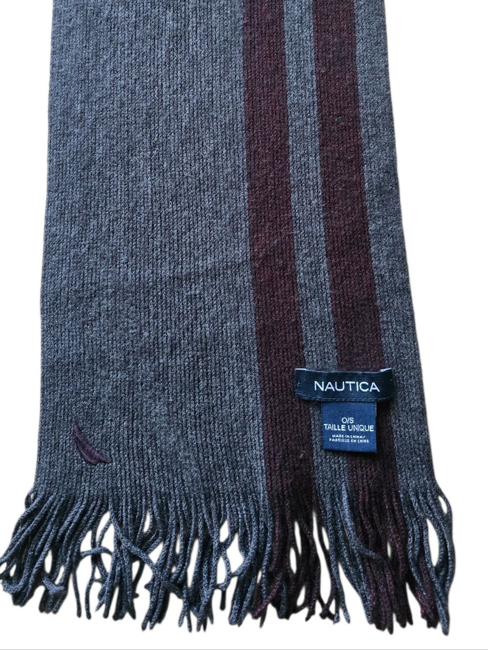 Nautica Unisex Charcoal Gray Scarf with Burgundy Stripe